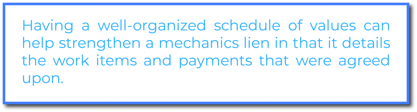 Schedule of values for mechanics lien