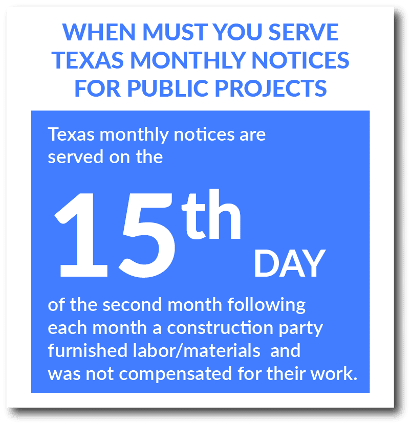 When must you serve Texas monthly notices for public projects