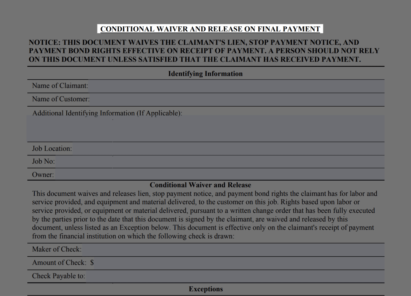 CA CONDITIONAL WAIVER AND RELEASE ON FINAL PAYMENT