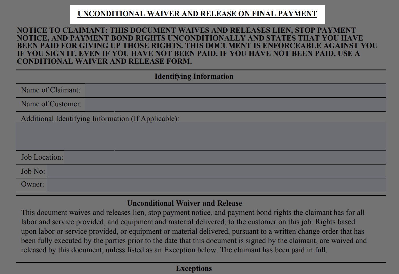 CA UNCONDITIONAL WAIVER AND RELEASE ON FINAL PAYMENT form preview