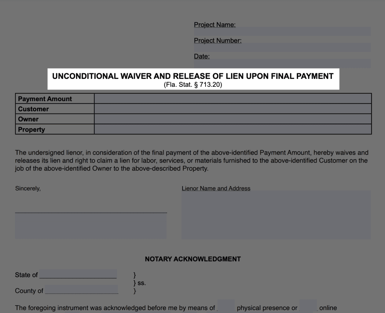 Florida unconditional lien waiver and release final payment form preview