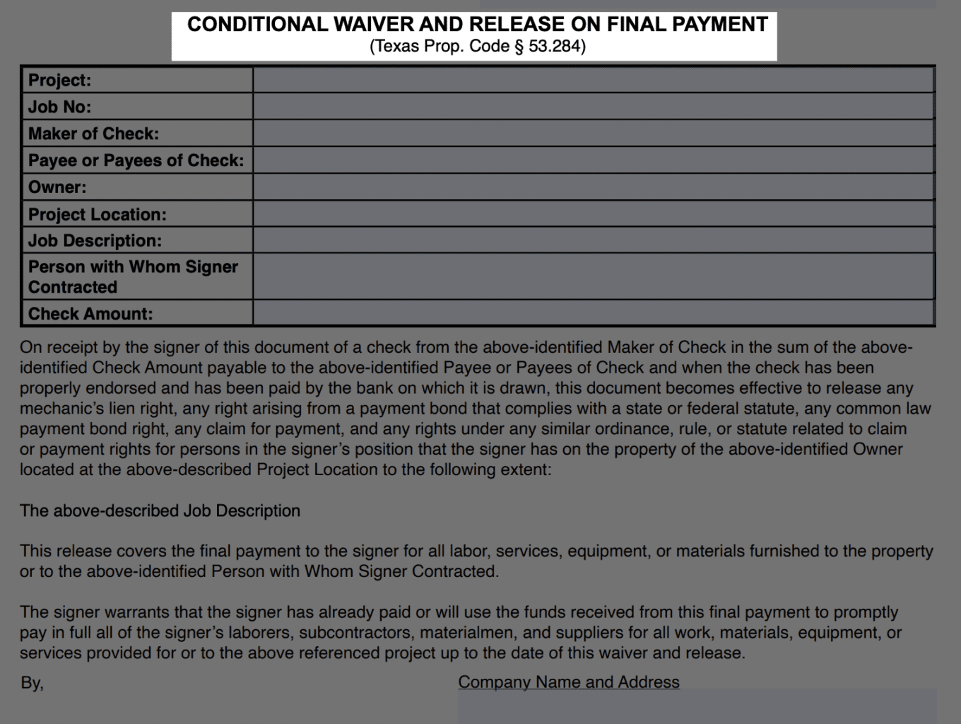 Texas conditional waiver and release on final payment preview