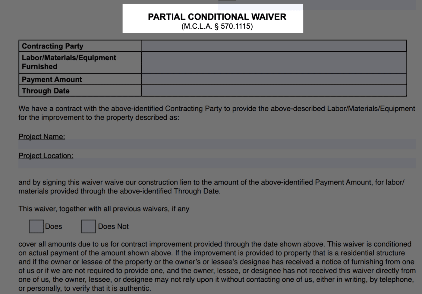 michigan partial conditional lien waiver download form preview