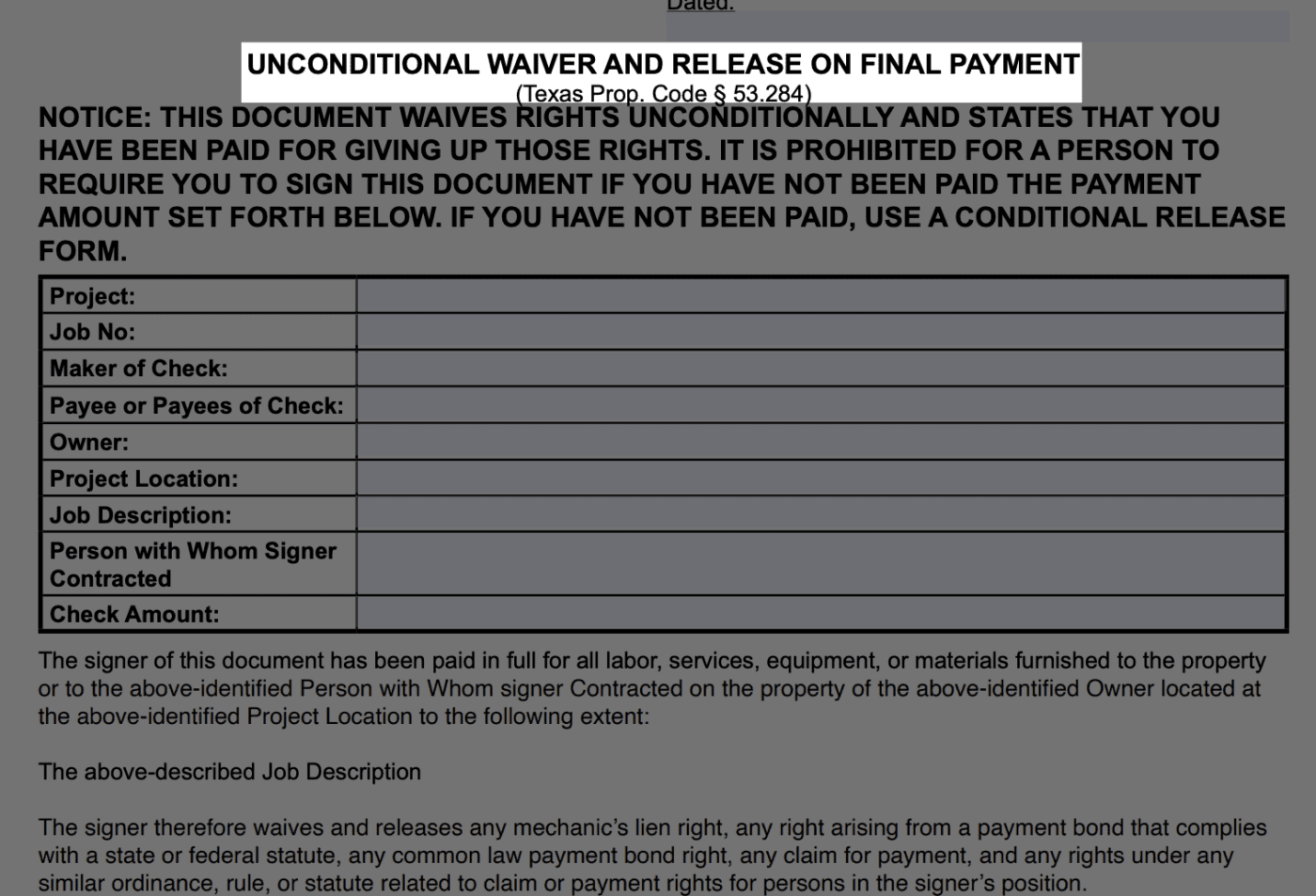 texas unconditional waiver final payment download form preview