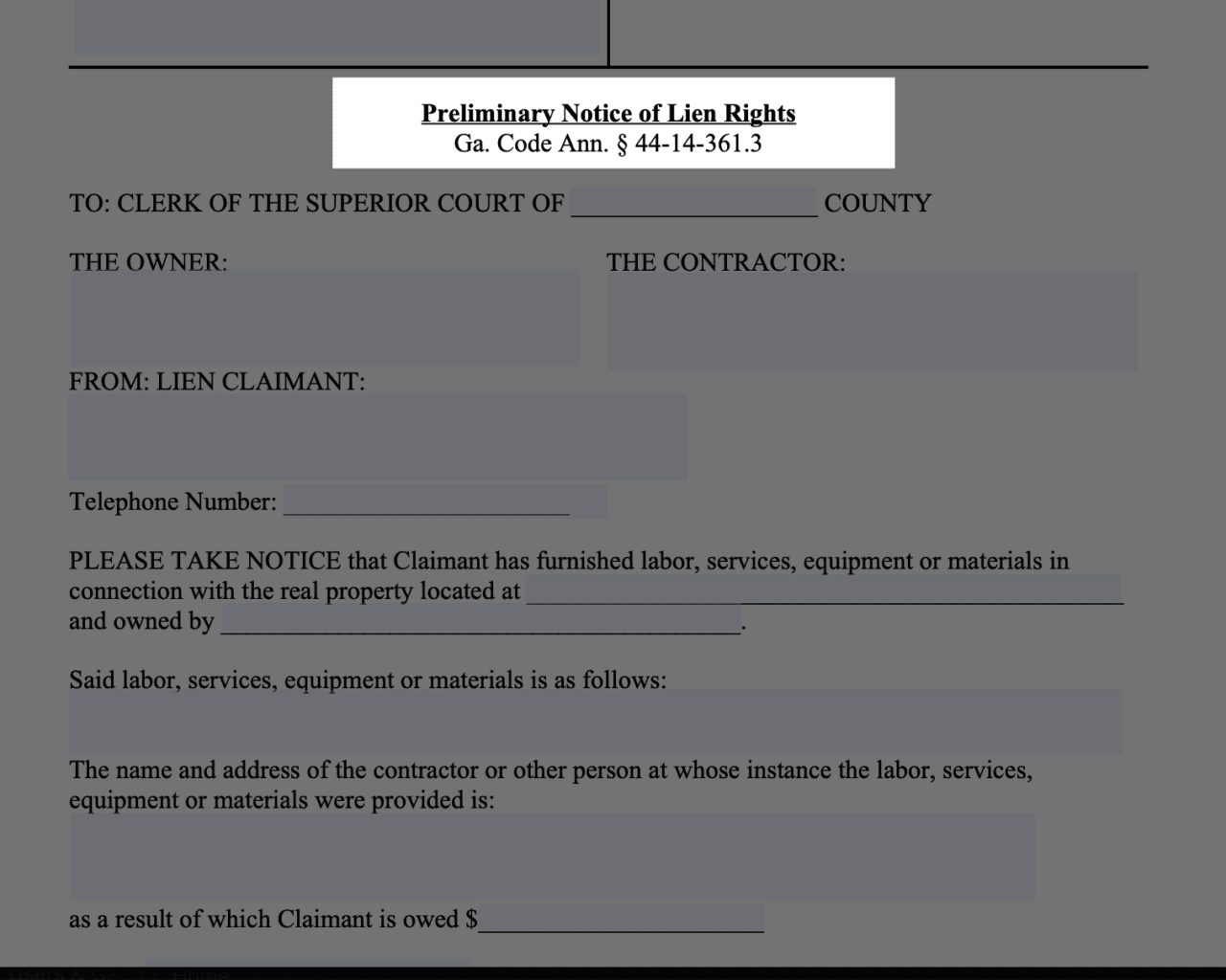 Georgia Preliminary Notice of Lien Rights preview form