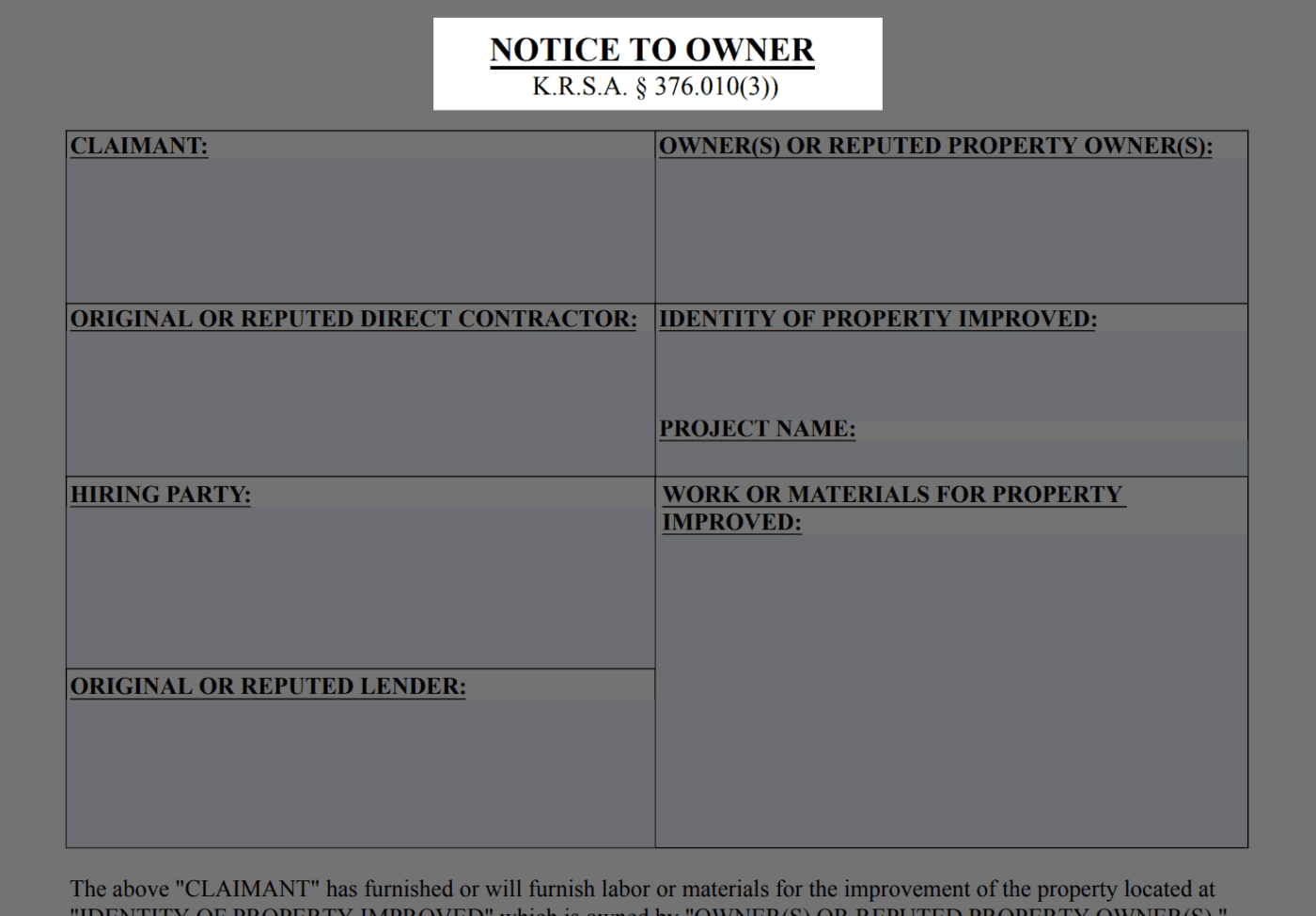 Kentucky Notice to Owner preview