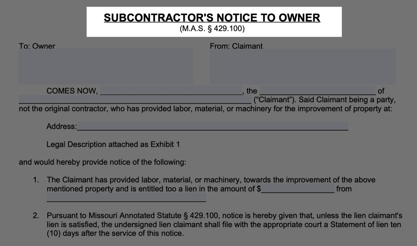 Missouri Subcontractor Notice to Owner preview