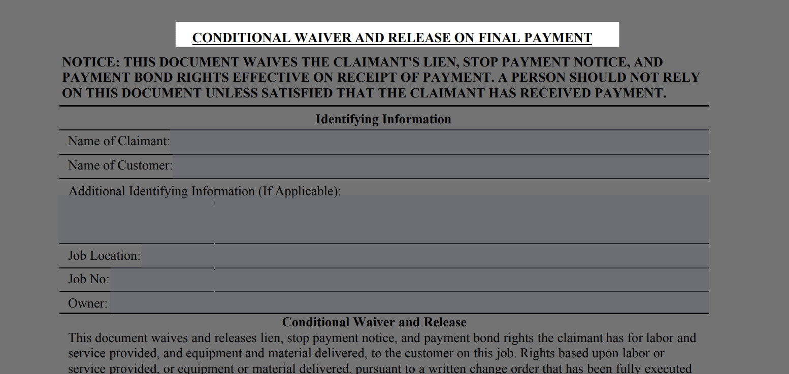 NC Conditional Lien Waiver and Release on Final Payment