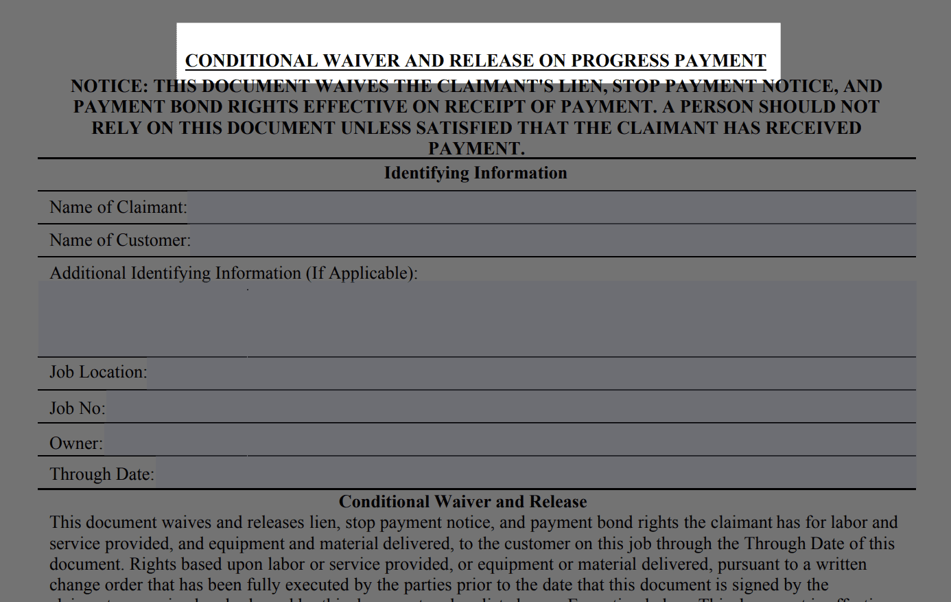 NC Conditional waiver and release on progress payment preview