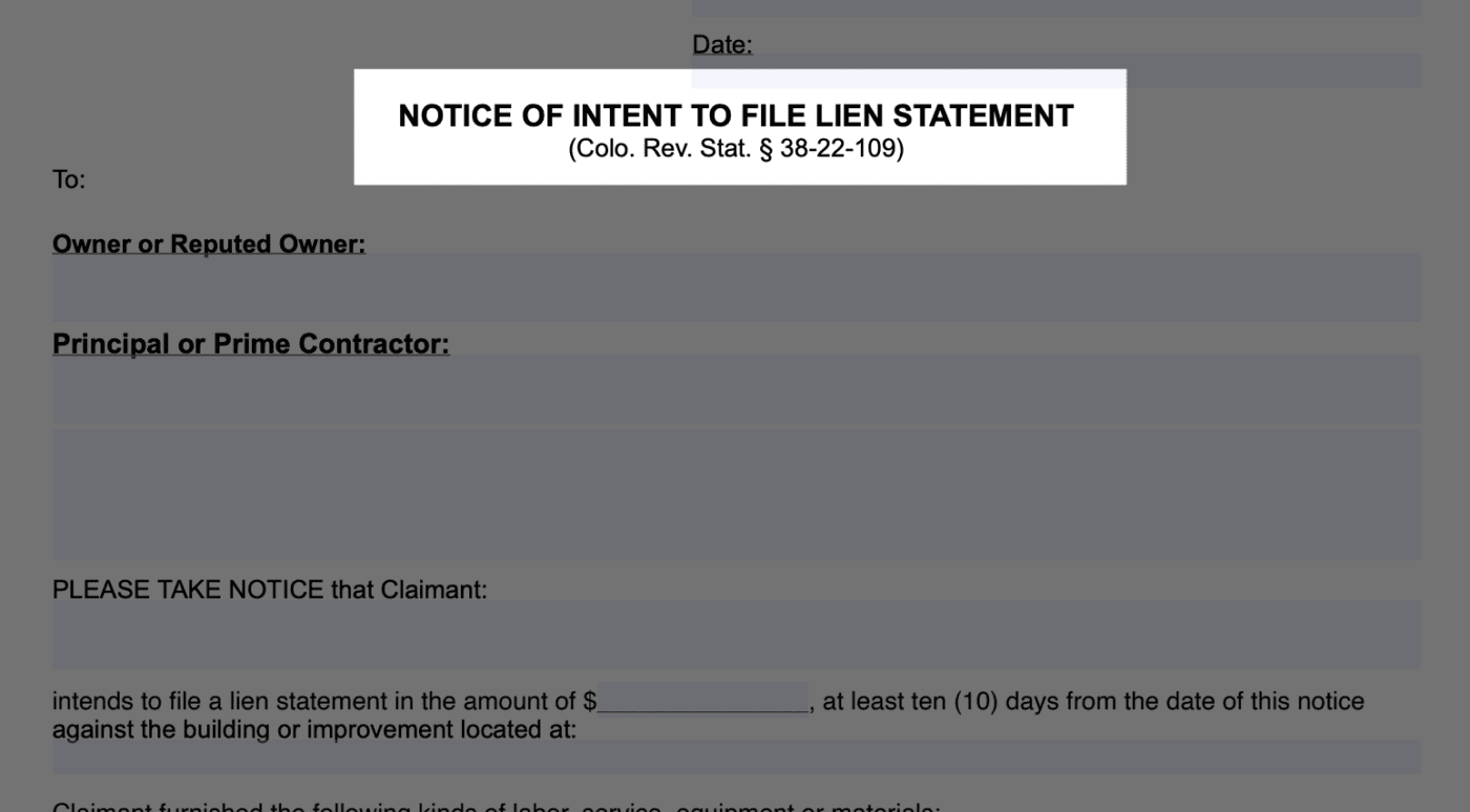 Colorado Notice of Intent to Lien preview