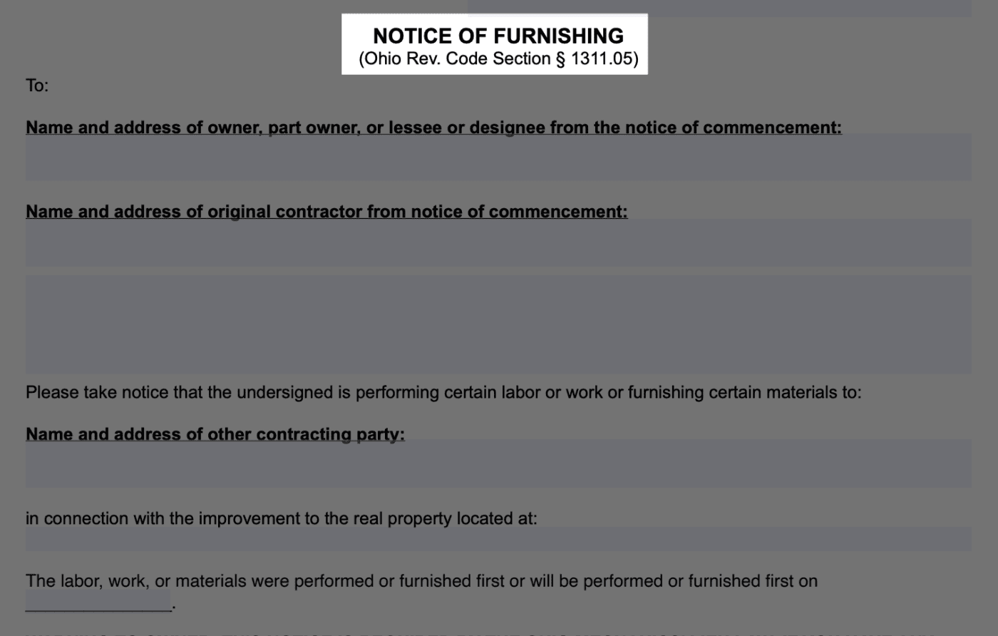 Ohio Notice of Furnishing preview